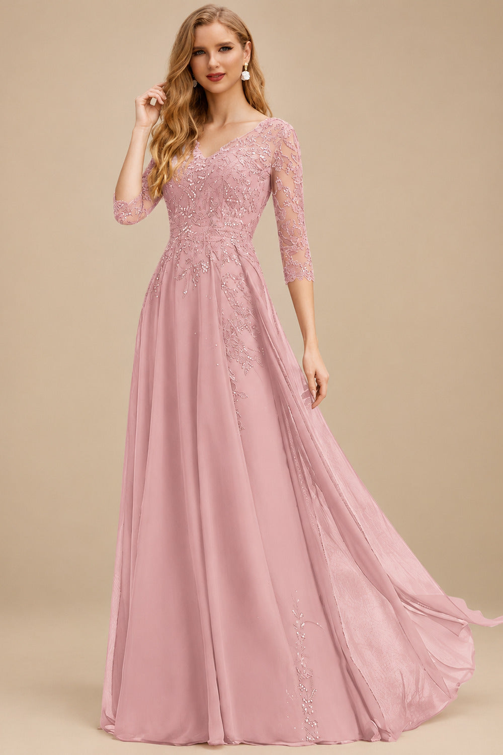Rutipo Dusty Rose Elegant V-Neck 3/4 Sleeves Floor-Length Chiffon Mother Of The Bride Dresses With Appliques Lace