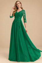 Rutipo Forest Green Elegant V-Neck 3/4 Sleeves Floor-Length Chiffon Mother Of The Bride Dresses With Appliques Lace