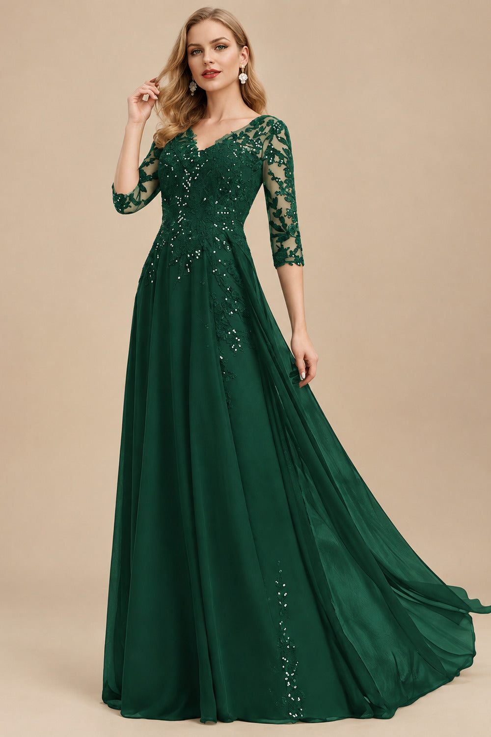 Rutipo Hunter Green Elegant V-Neck 3/4 Sleeves Floor-Length Chiffon Mother Of The Bride Dresses With Appliques Lace