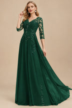 Rutipo Hunter Green Elegant V-Neck 3/4 Sleeves Floor-Length Chiffon Mother Of The Bride Dresses With Appliques Lace