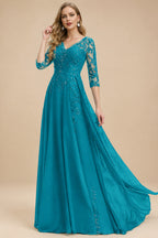 Rutipo Jade Elegant V-Neck 3/4 Sleeves Floor-Length Chiffon Mother Of The Bride Dresses With Appliques Lace