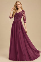 Rutipo Mulberry Elegant V-Neck 3/4 Sleeves Floor-Length Chiffon Mother Of The Bride Dresses With Appliques Lace