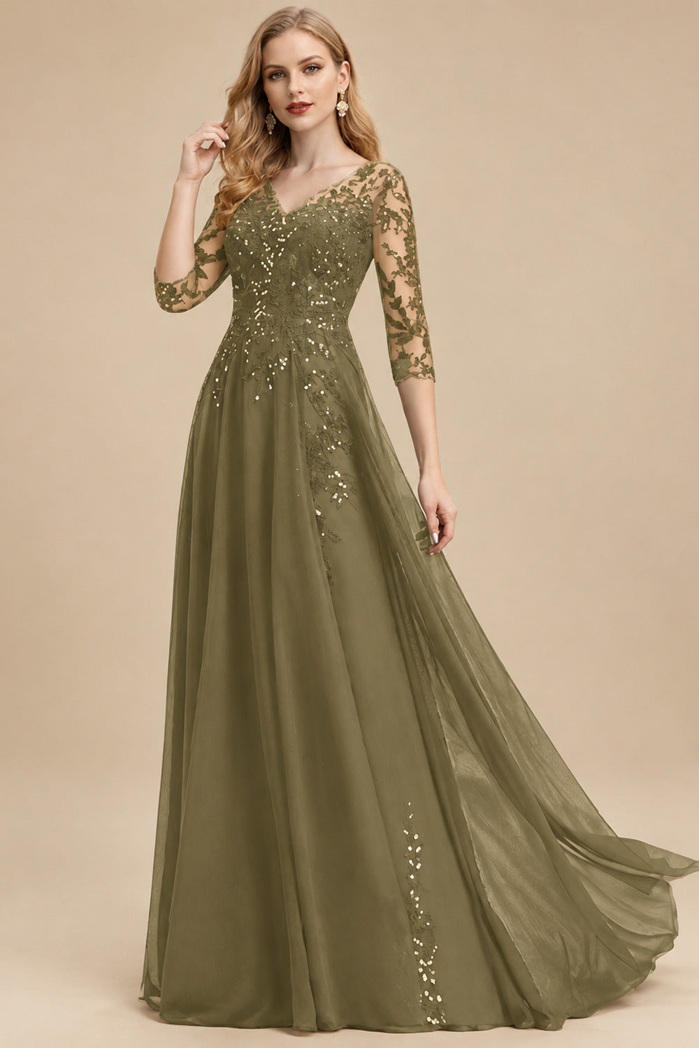 Rutipo Olive Green Elegant V-Neck 3/4 Sleeves Floor-Length Chiffon Mother Of The Bride Dresses With Appliques Lace