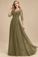 Rutipo Olive Green Elegant V-Neck 3/4 Sleeves Floor-Length Chiffon Mother Of The Bride Dresses With Appliques Lace