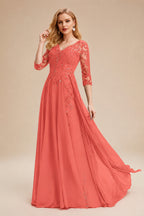 Rutipo Papaya Elegant V-Neck 3/4 Sleeves Floor-Length Chiffon Mother Of The Bride Dresses With Appliques Lace