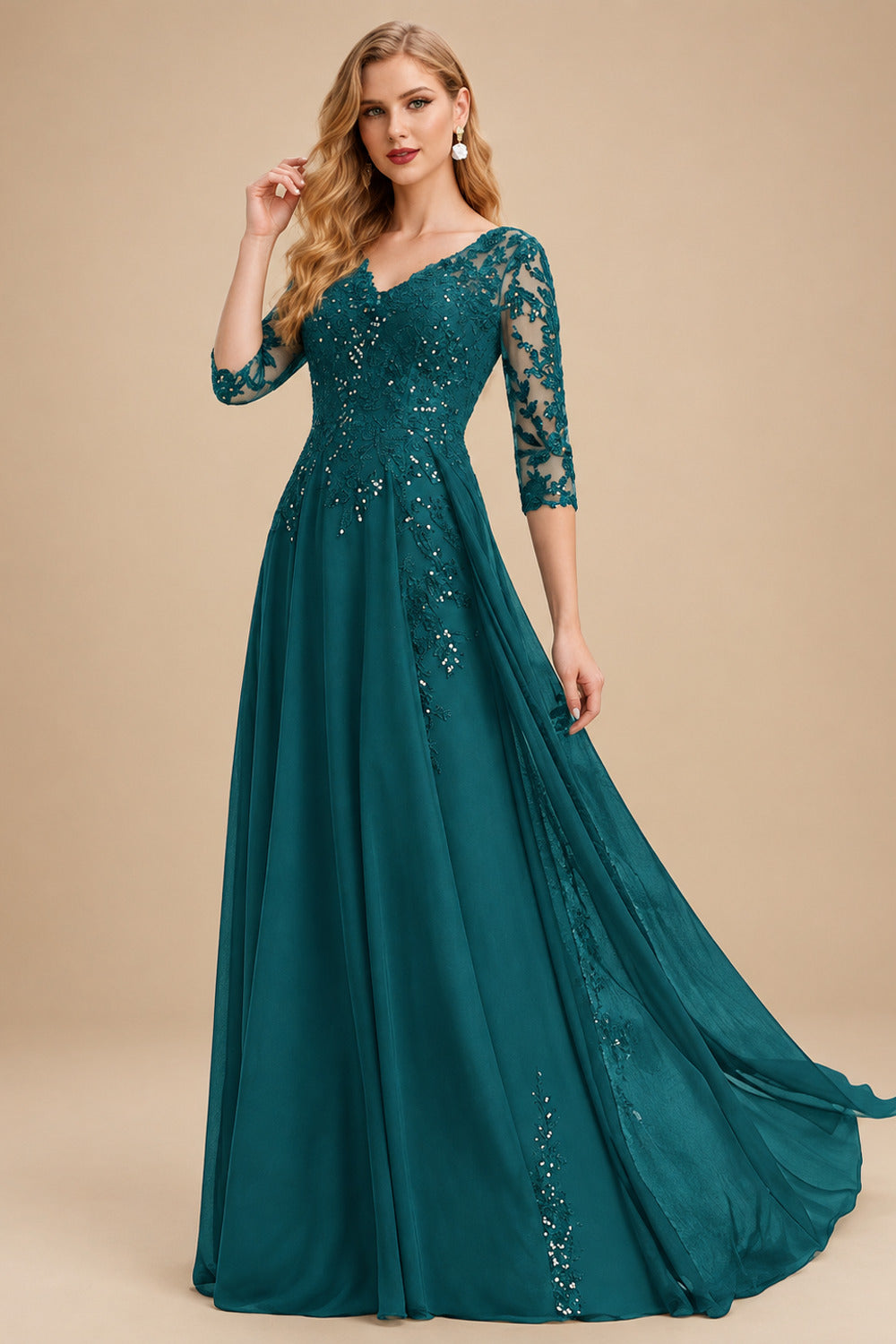 Rutipo Peacock Elegant V-Neck 3/4 Sleeves Floor-Length Chiffon Mother Of The Bride Dresses With Appliques Lace