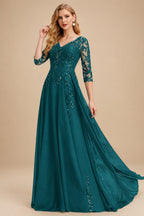 Rutipo Peacock Elegant V-Neck 3/4 Sleeves Floor-Length Chiffon Mother Of The Bride Dresses With Appliques Lace