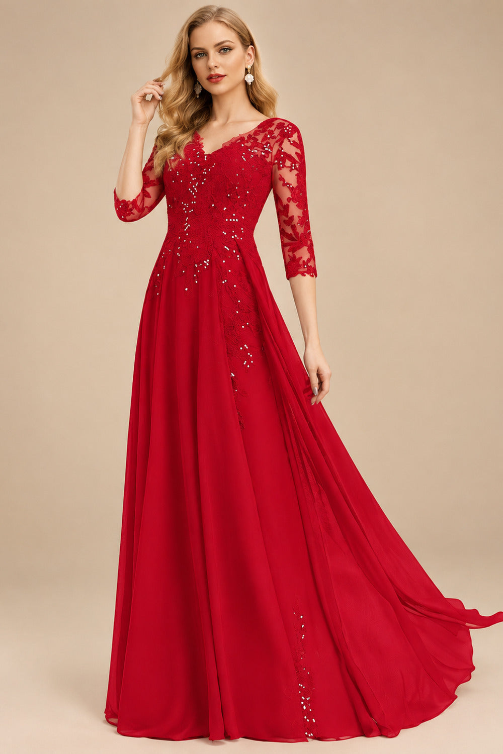 Rutipo Red Elegant V-Neck 3/4 Sleeves Floor-Length Chiffon Mother Of The Bride Dresses With Appliques Lace