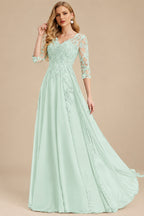 Rutipo Sage Green Elegant V-Neck 3/4 Sleeves Floor-Length Chiffon Mother Of The Bride Dresses With Appliques Lace