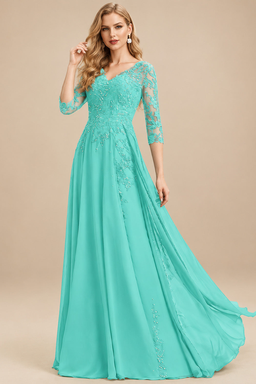 Rutipo Spa Elegant V-Neck 3/4 Sleeves Floor-Length Chiffon Mother Of The Bride Dresses With Appliques Lace