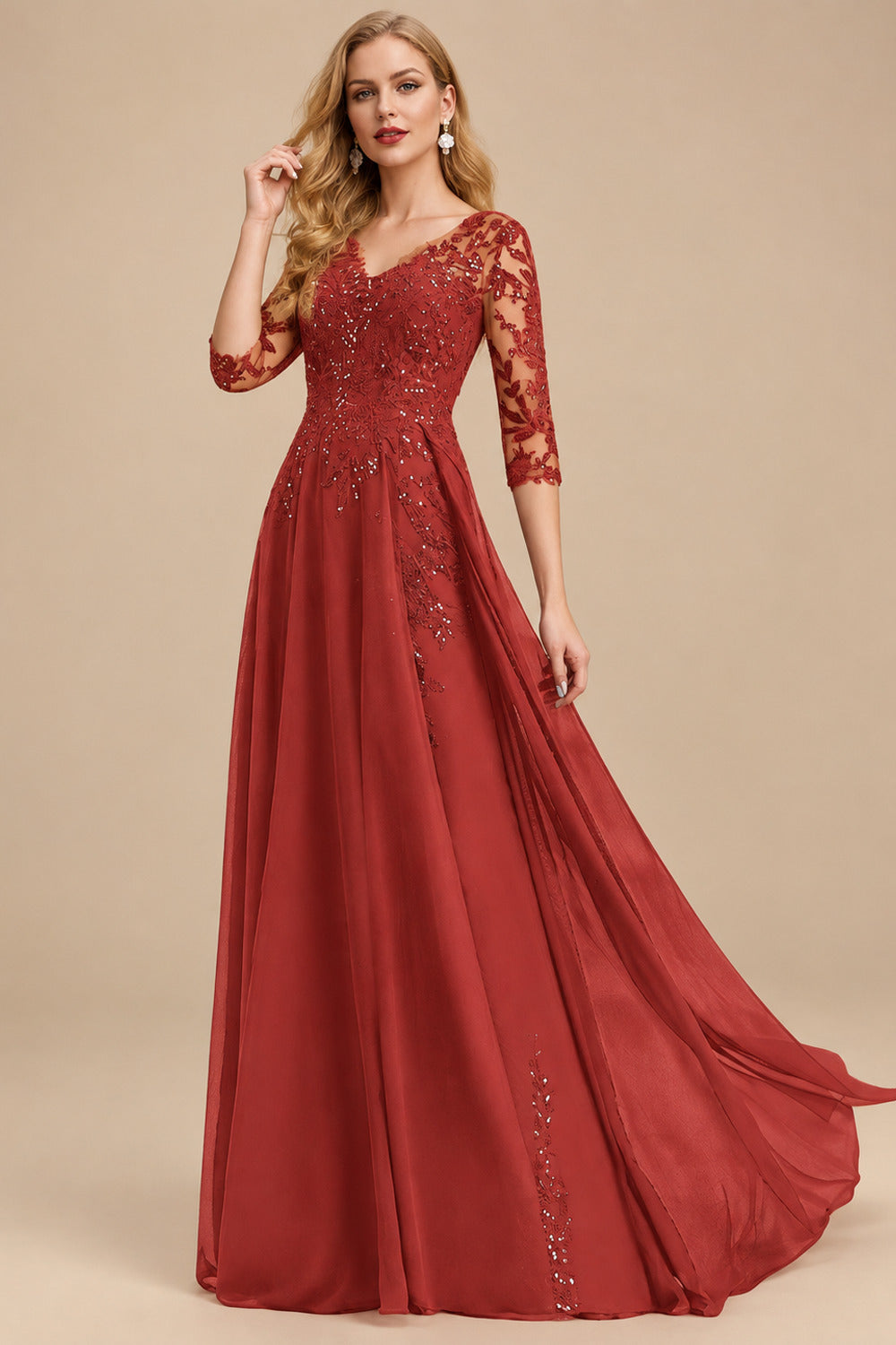 Rutipo Vermilion Elegant V-Neck 3/4 Sleeves Floor-Length Chiffon Mother Of The Bride Dresses With Appliques Lace