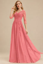 Rutipo Watermelon Elegant V-Neck 3/4 Sleeves Floor-Length Chiffon Mother Of The Bride Dresses With Appliques Lace