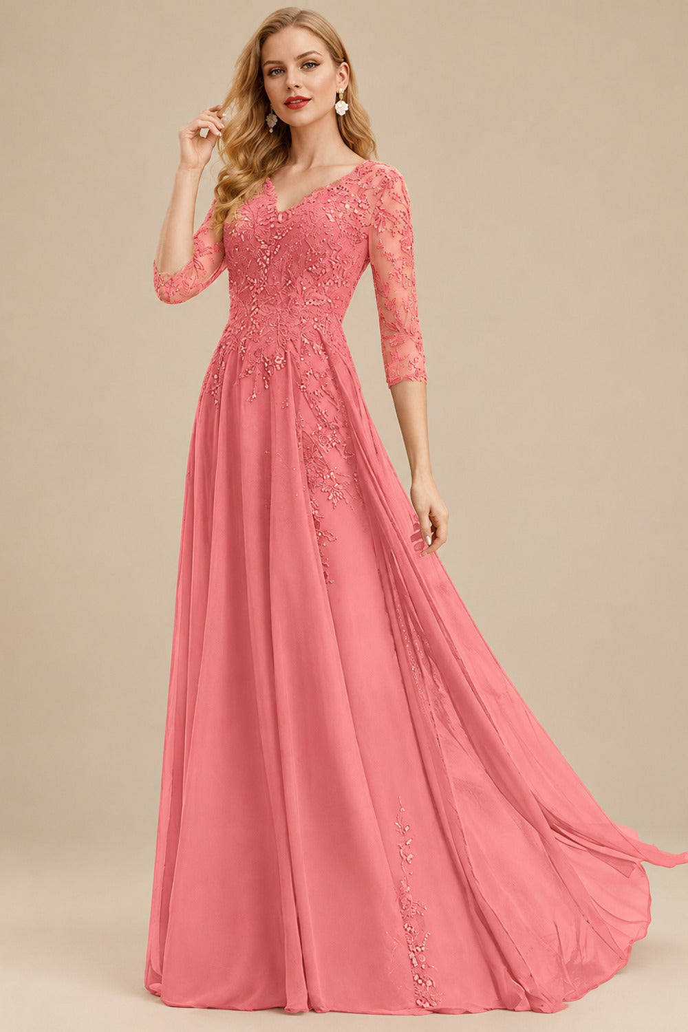 Rutipo Watermelon Elegant V-Neck 3/4 Sleeves Floor-Length Chiffon Mother Of The Bride Dresses With Appliques Lace