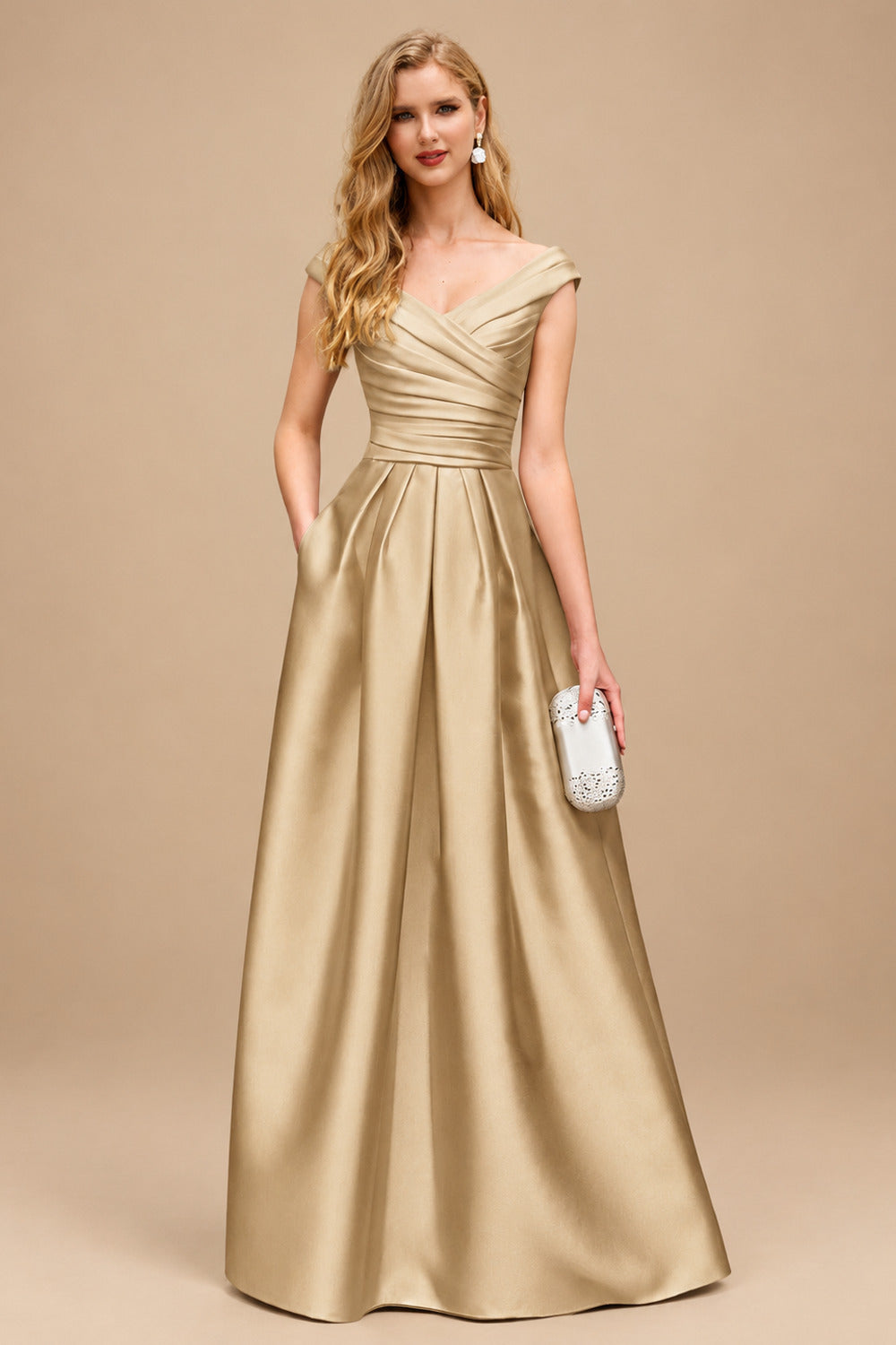 Rutipo Champagne A-Line Satin Pockets Mother Of The Bride Dresses With Cap Shoulder