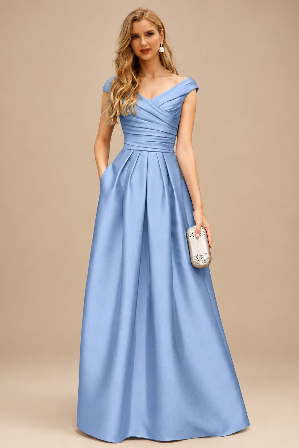 Rutipo Light Blue A-Line Satin Pockets Mother Of The Bride Dresses With Cap Shoulder