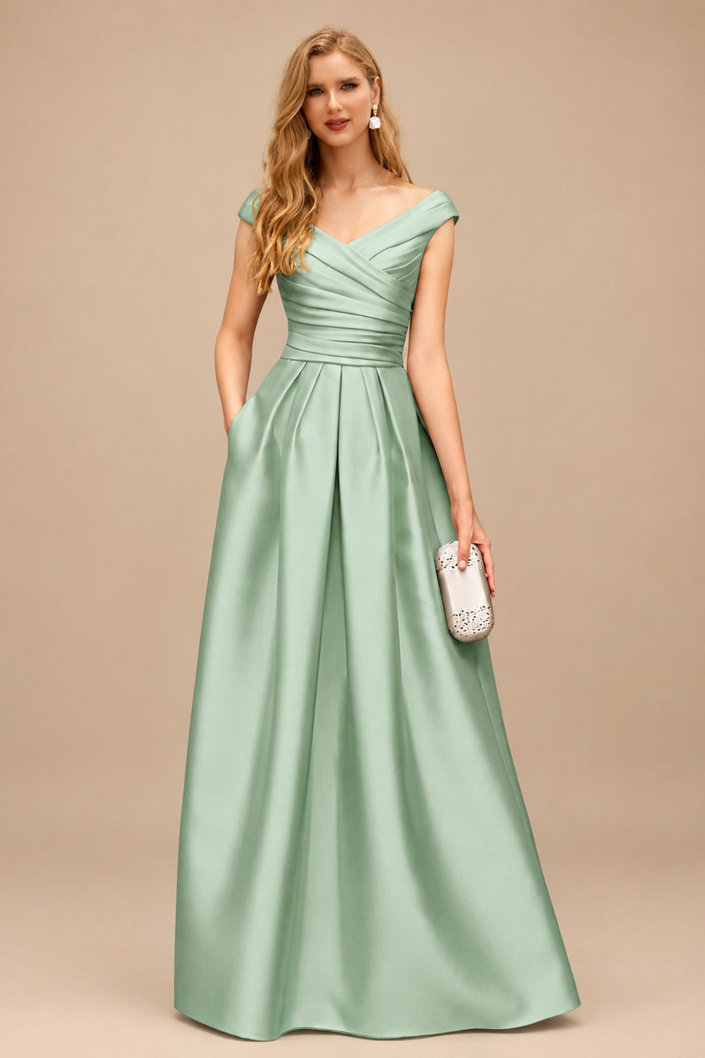 Rutipo Sage Green A-Line Satin Pockets Mother Of The Bride Dresses With Cap Shoulder