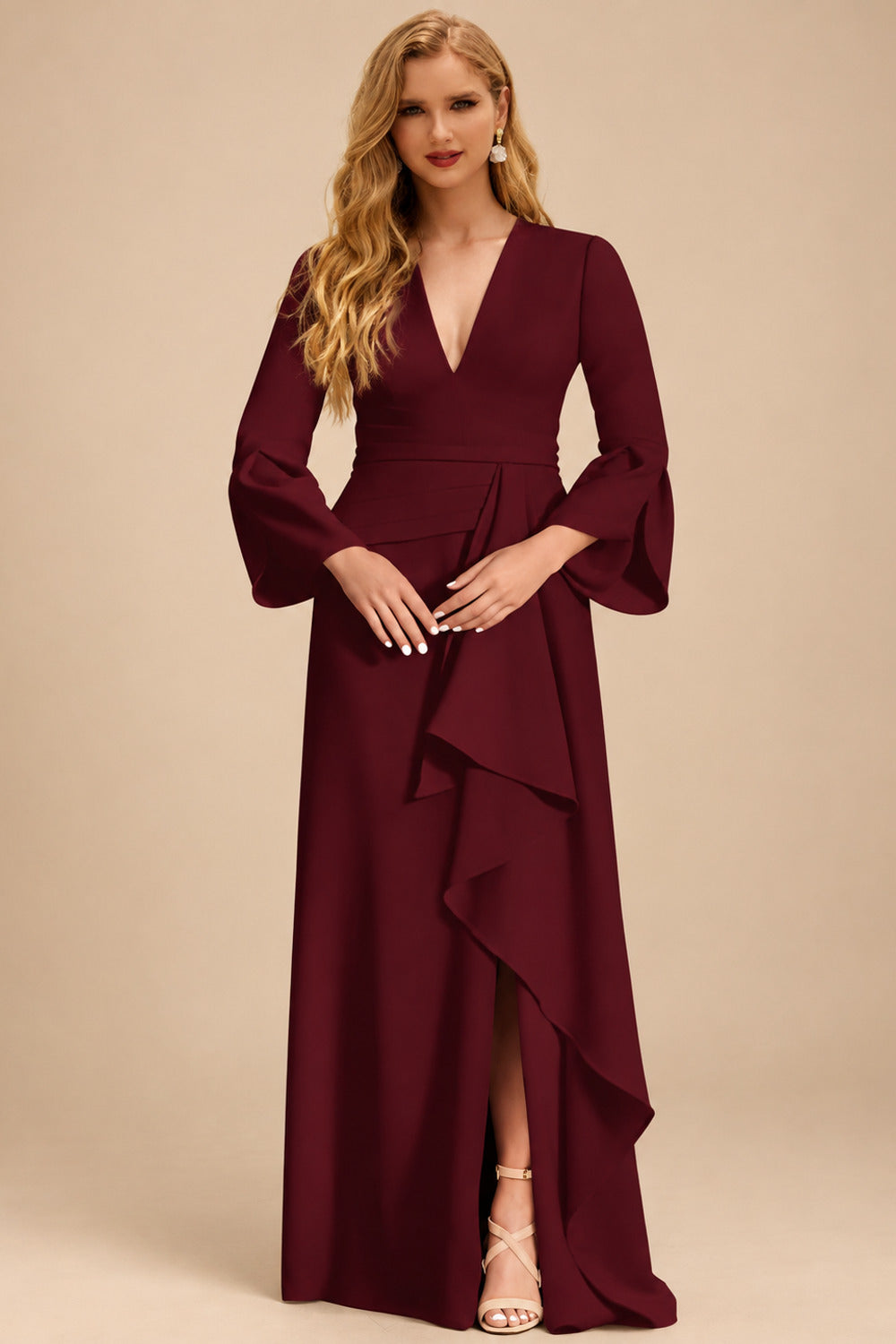Rutipo Burgundy Sheath/Column V-Neck Long Sleeves Mother Of The Bride Dresses