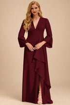 Rutipo Burgundy Sheath/Column V-Neck Long Sleeves Mother Of The Bride Dresses
