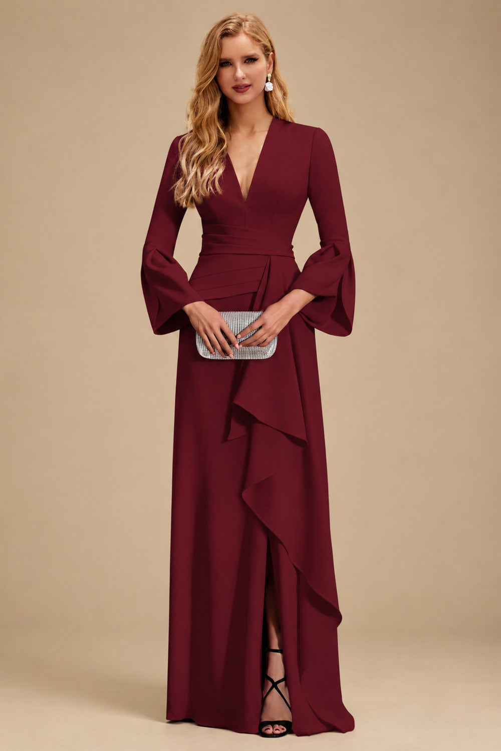 Rutipo Burgundy Sheath/Column V-Neck Long Sleeves Mother Of The Bride Dresses