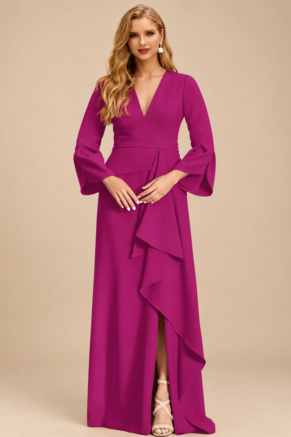 Rutipo Fuchsia Sheath/Column V-Neck Long Sleeves Mother Of The Bride Dresses