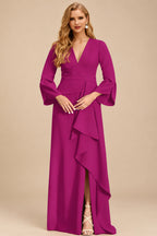 Rutipo Fuchsia Sheath/Column V-Neck Long Sleeves Mother Of The Bride Dresses