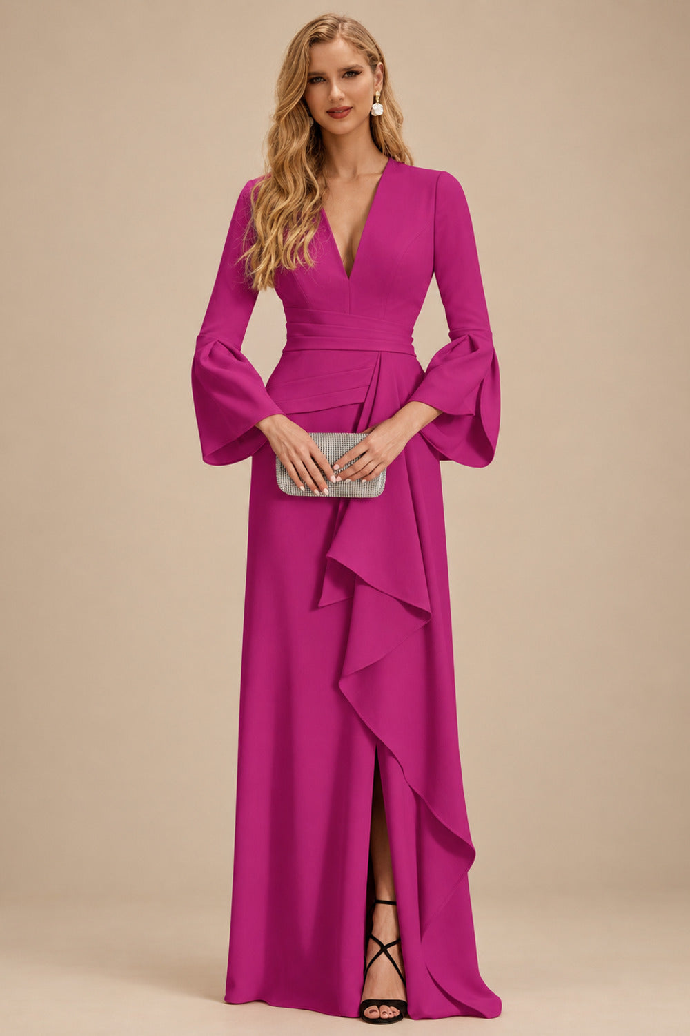 Rutipo Fuchsia Sheath/Column V-Neck Long Sleeves Mother Of The Bride Dresses