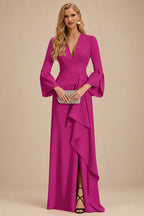 Rutipo Fuchsia Sheath/Column V-Neck Long Sleeves Mother Of The Bride Dresses