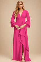 Rutipo Hot Pink Sheath/Column V-Neck Long Sleeves Mother Of The Bride Dresses