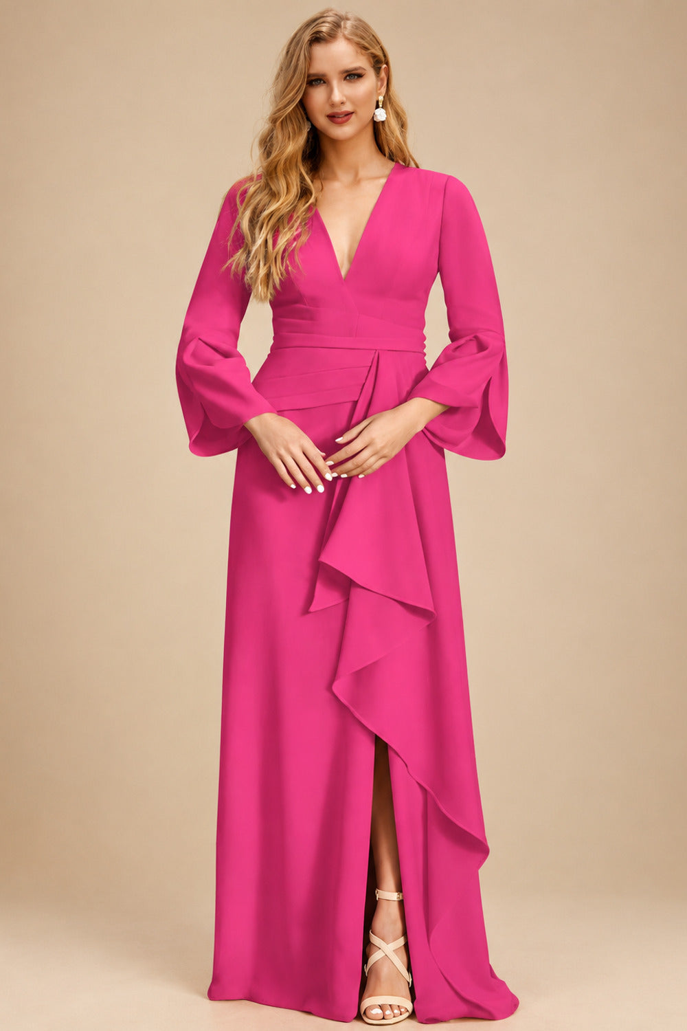 Rutipo Hot Pink Sheath/Column V-Neck Long Sleeves Mother Of The Bride Dresses
