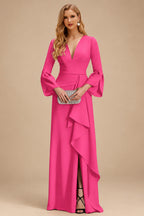 Rutipo Hot Pink Sheath/Column V-Neck Long Sleeves Mother Of The Bride Dresses