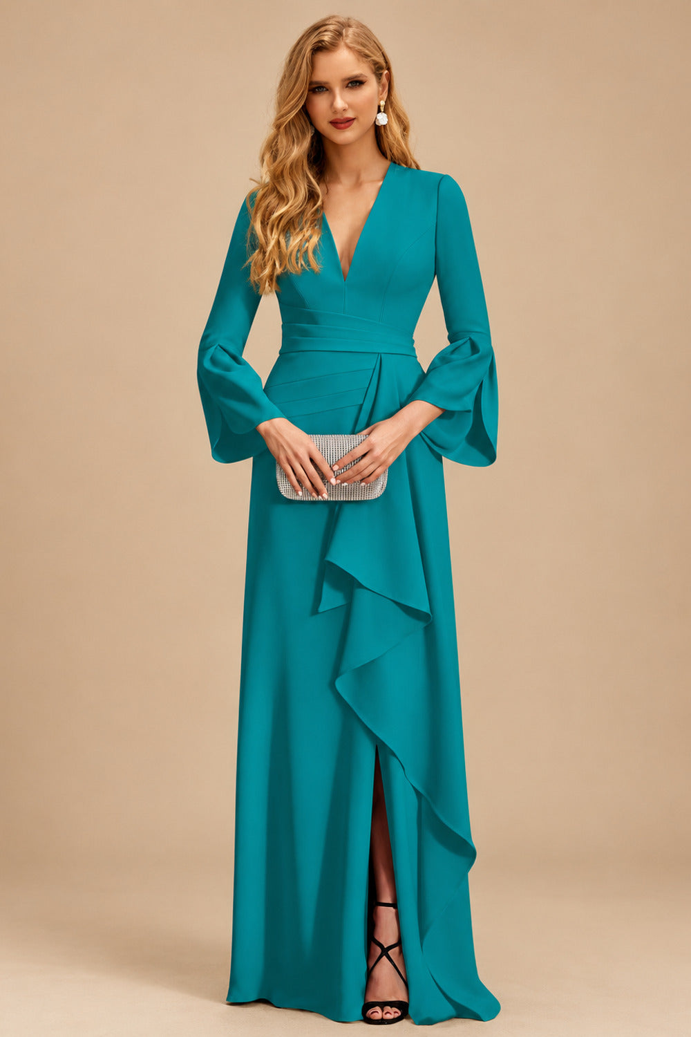 Rutipo Jade Sheath/Column V-Neck Long Sleeves Mother Of The Bride Dresses