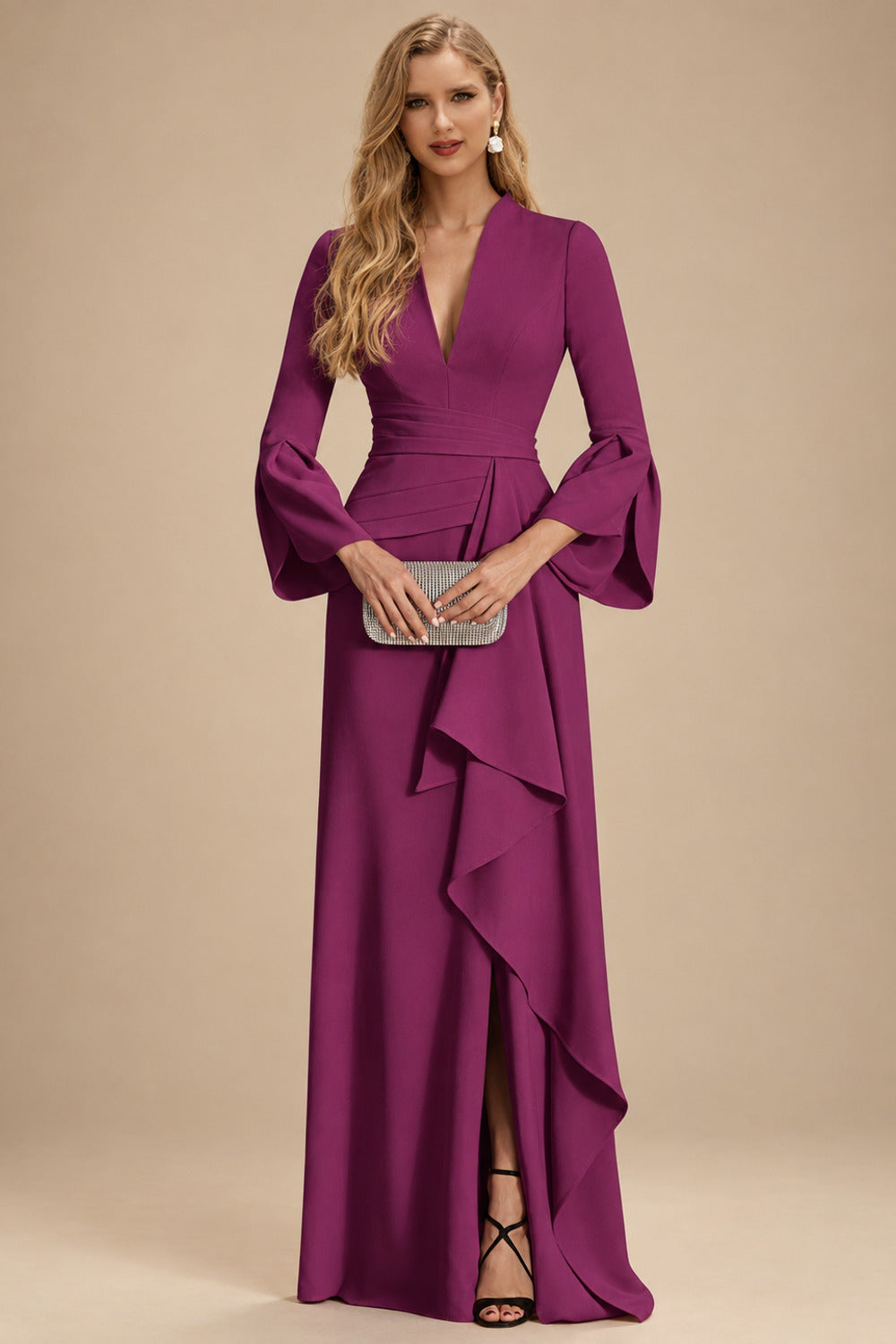 Rutipo Orchid Sheath/Column V-Neck Long Sleeves Mother Of The Bride Dresses