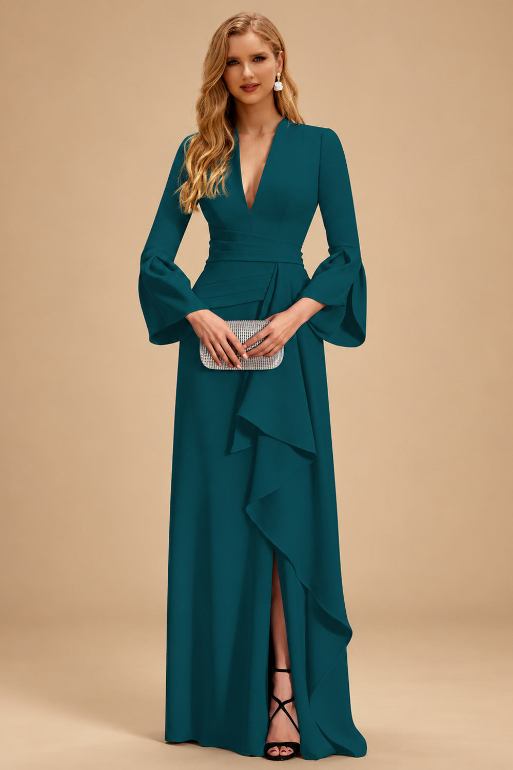 Rutipo Peacock Sheath/Column V-Neck Long Sleeves Mother Of The Bride Dresses