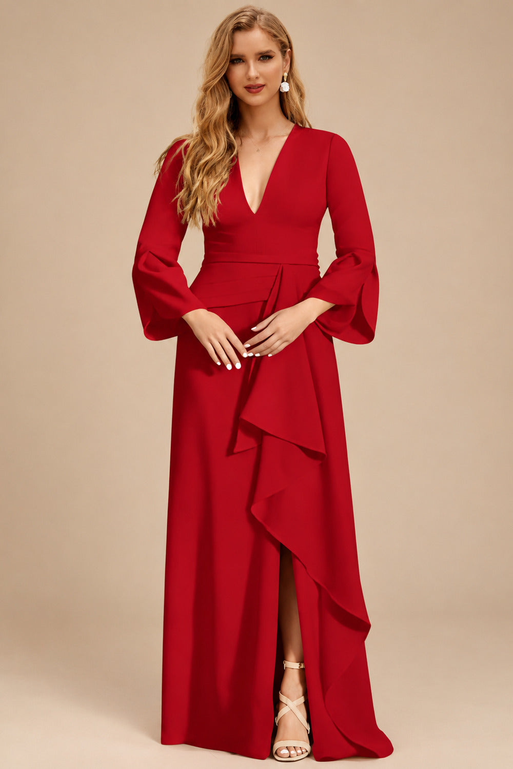 Rutipo Red Sheath/Column V-Neck Long Sleeves Mother Of The Bride Dresses
