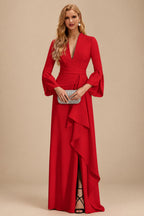 Rutipo Red Sheath/Column V-Neck Long Sleeves Mother Of The Bride Dresses