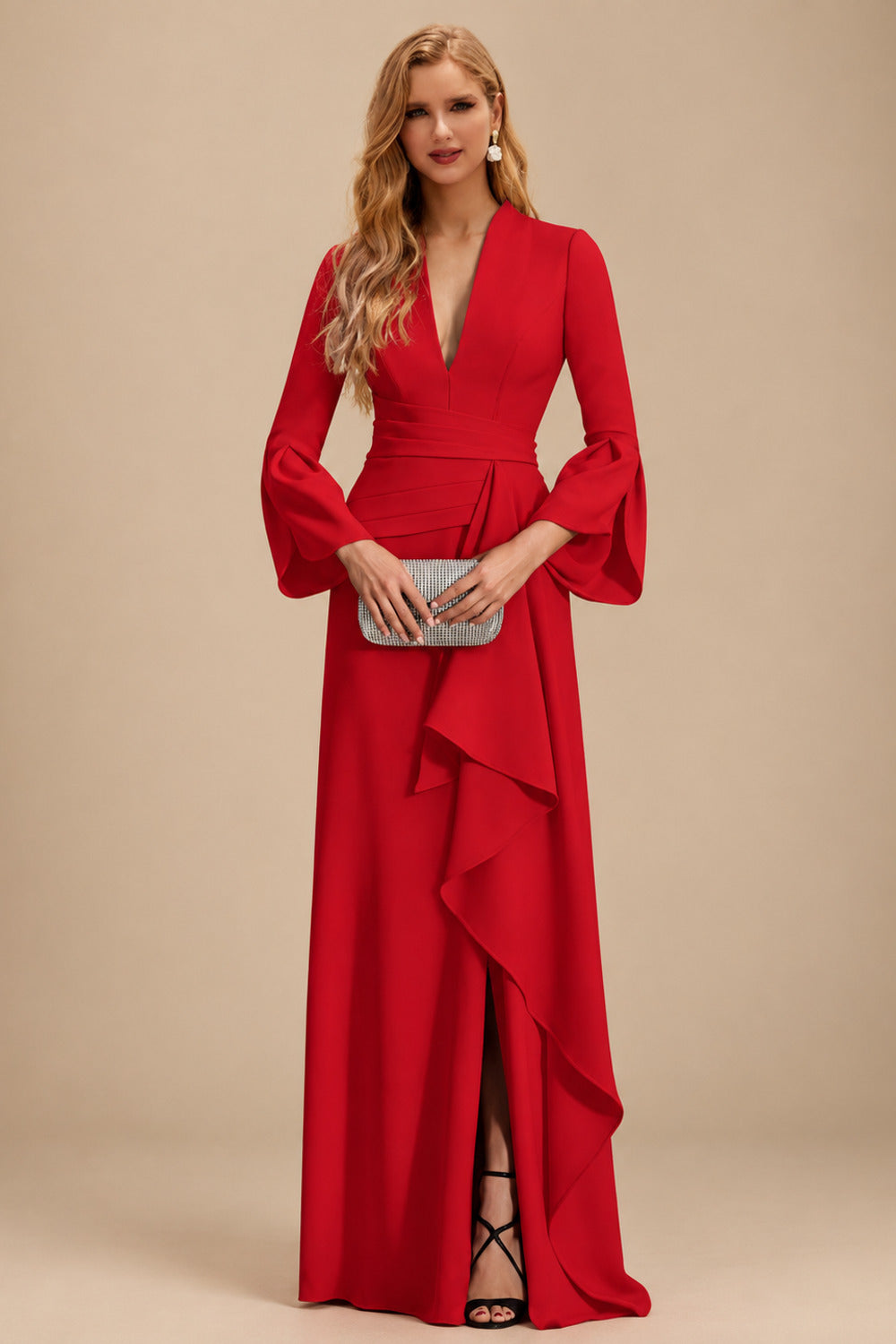 Rutipo Red Sheath/Column V-Neck Long Sleeves Mother Of The Bride Dresses