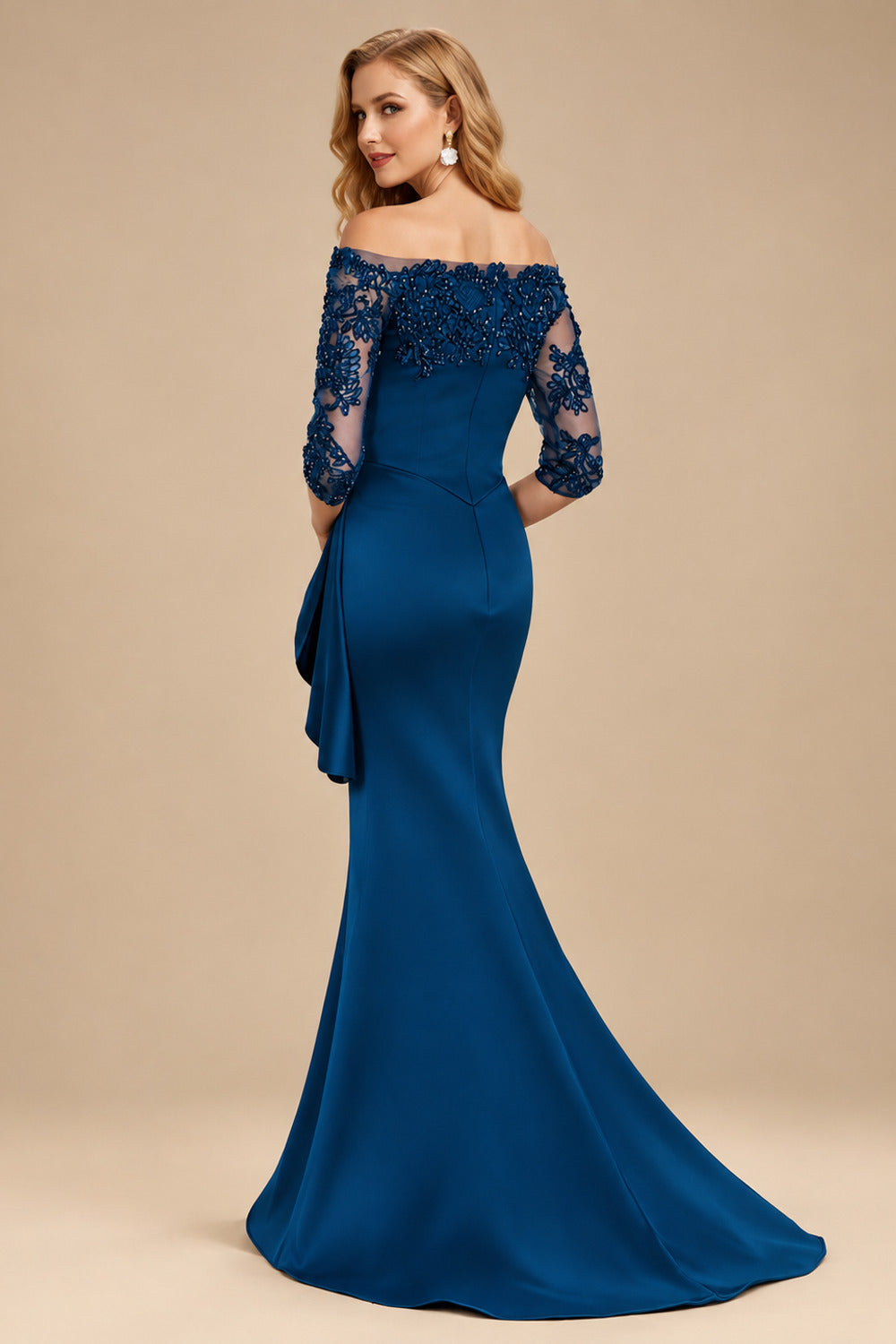 Rutipo As Picture Exquisite Semi Sheer Illusion Floral Embroidered Off-Shoulder Mother Of The Bride Dresses With Ruffled Waist