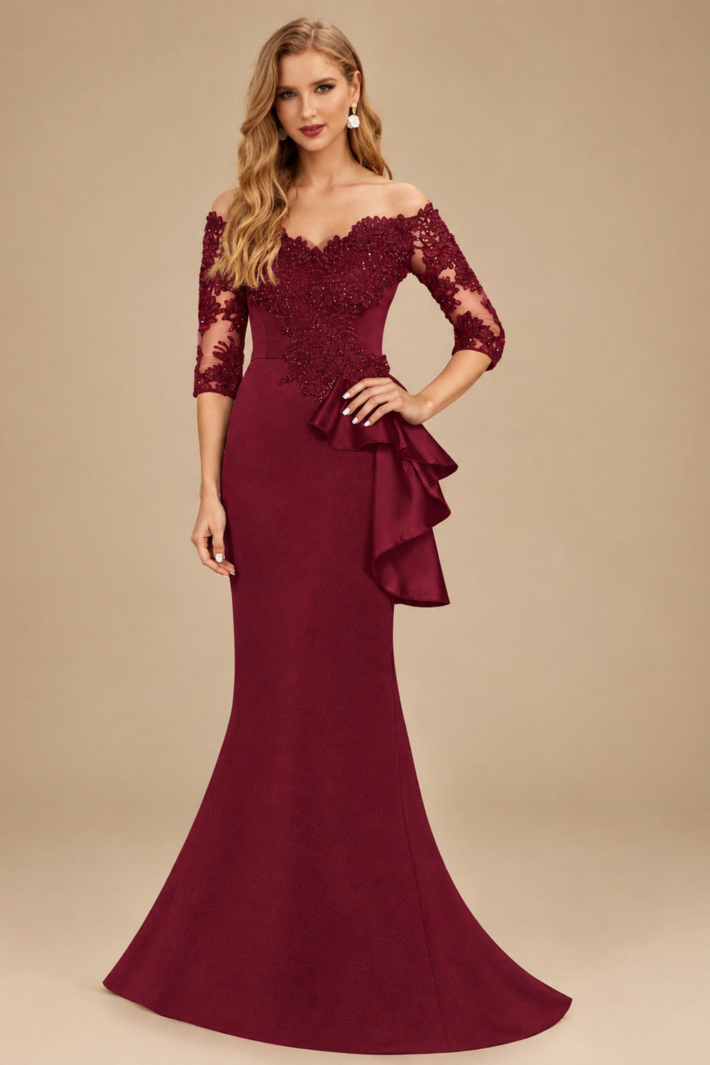Rutipo Burgundy Exquisite Semi Sheer Illusion Floral Embroidered Off-Shoulder Mother Of The Bride Dresses With Ruffled Waist