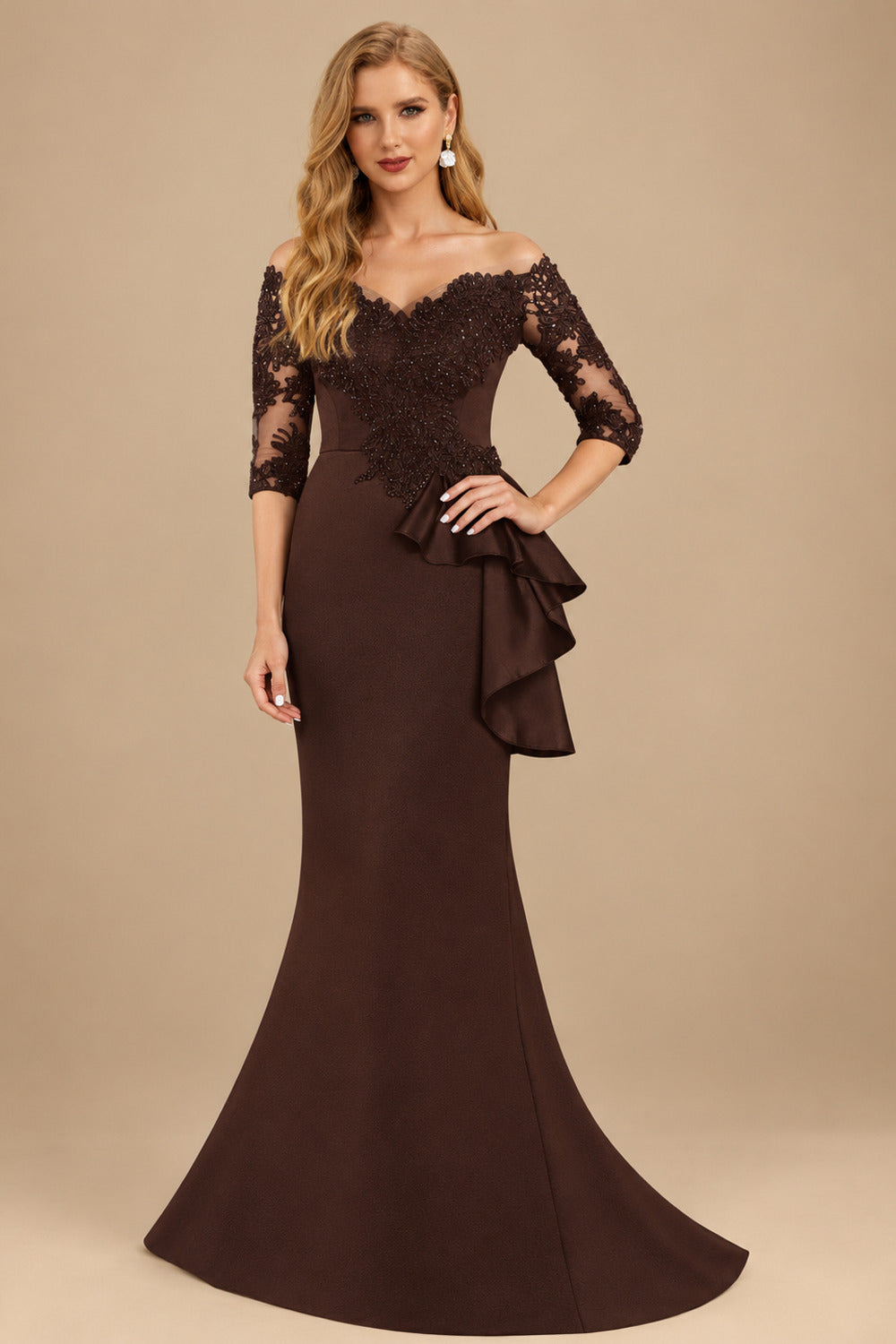 Rutipo Chocolate Exquisite Semi Sheer Illusion Floral Embroidered Off-Shoulder Mother Of The Bride Dresses With Ruffled Waist