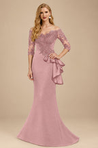 Rutipo Dusty Rose Exquisite Semi Sheer Illusion Floral Embroidered Off-Shoulder Mother Of The Bride Dresses With Ruffled Waist