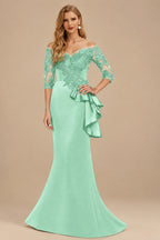 Rutipo Mint Green Exquisite Semi Sheer Illusion Floral Embroidered Off-Shoulder Mother Of The Bride Dresses With Ruffled Waist