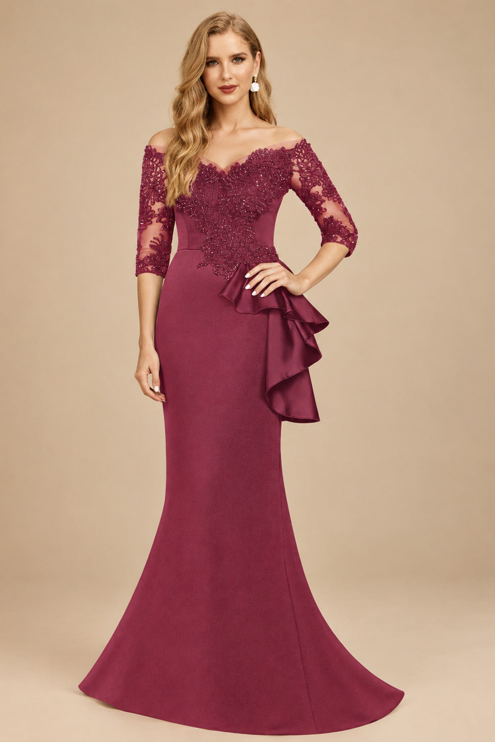 Rutipo Mulberry Exquisite Semi Sheer Illusion Floral Embroidered Off-Shoulder Mother Of The Bride Dresses With Ruffled Waist
