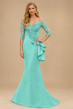 Rutipo Spa Exquisite Semi Sheer Illusion Floral Embroidered Off-Shoulder Mother Of The Bride Dresses With Ruffled Waist