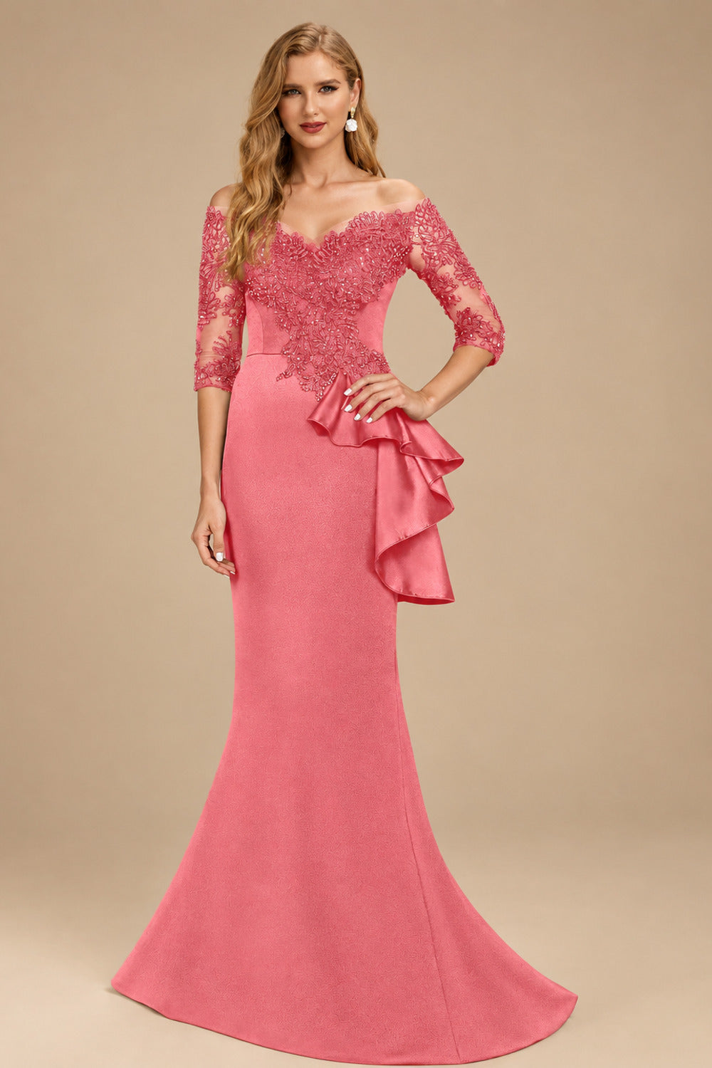 Rutipo Watermelon Exquisite Semi Sheer Illusion Floral Embroidered Off-Shoulder Mother Of The Bride Dresses With Ruffled Waist