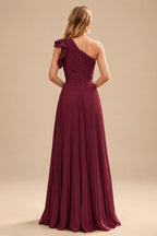 Rutipo Burgundy Elegant Pleated One-Shoulder Sleeveless Floor-Length Mother Of The Bride Dresses With Pleated