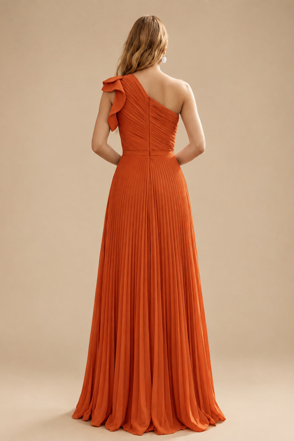 Rutipo Burnt Orange Elegant Pleated One-Shoulder Sleeveless Floor-Length Mother Of The Bride Dresses With Pleated