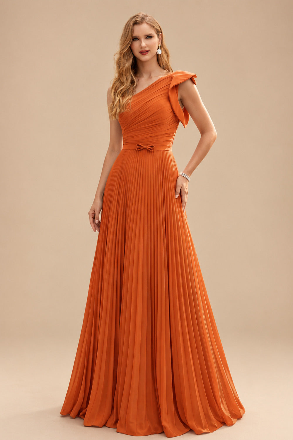 Rutipo Burnt Orange Elegant Pleated One-Shoulder Sleeveless Floor-Length Mother Of The Bride Dresses With Pleated
