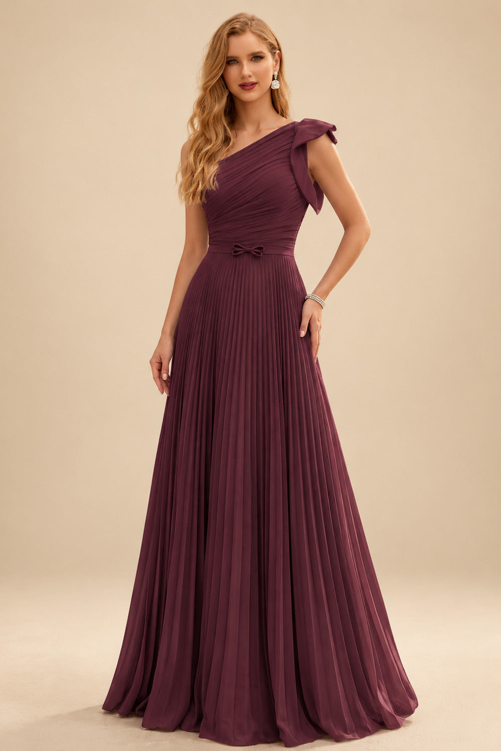 Rutipo Cabernet Elegant Pleated One-Shoulder Sleeveless Floor-Length Mother Of The Bride Dresses With Pleated