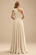 Rutipo Champagne Elegant Pleated One-Shoulder Sleeveless Floor-Length Mother Of The Bride Dresses With Pleated