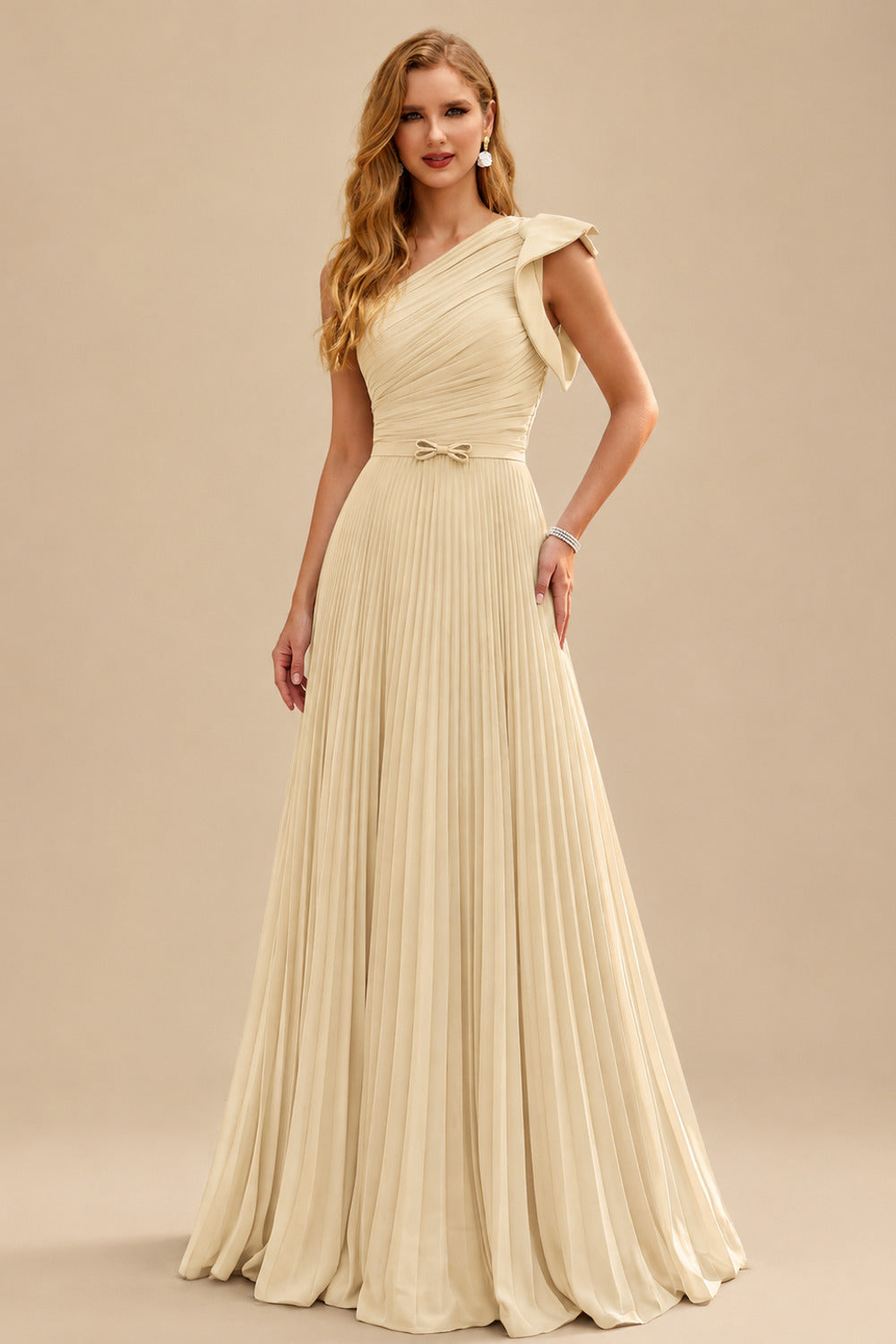 Rutipo Champagne Elegant Pleated One-Shoulder Sleeveless Floor-Length Mother Of The Bride Dresses With Pleated